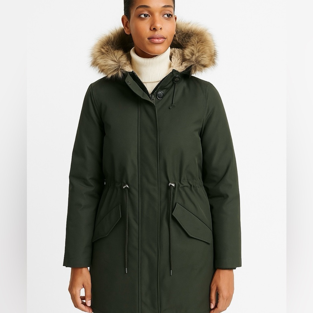 Superdry Olive Green Puffer Jacket with Faux Fur Hood